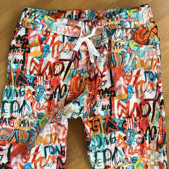 🧡LOVE Grafitti Abstract Drawstring Joggers / Pants | Orange/Teal | S/M - Picture 5 of 17